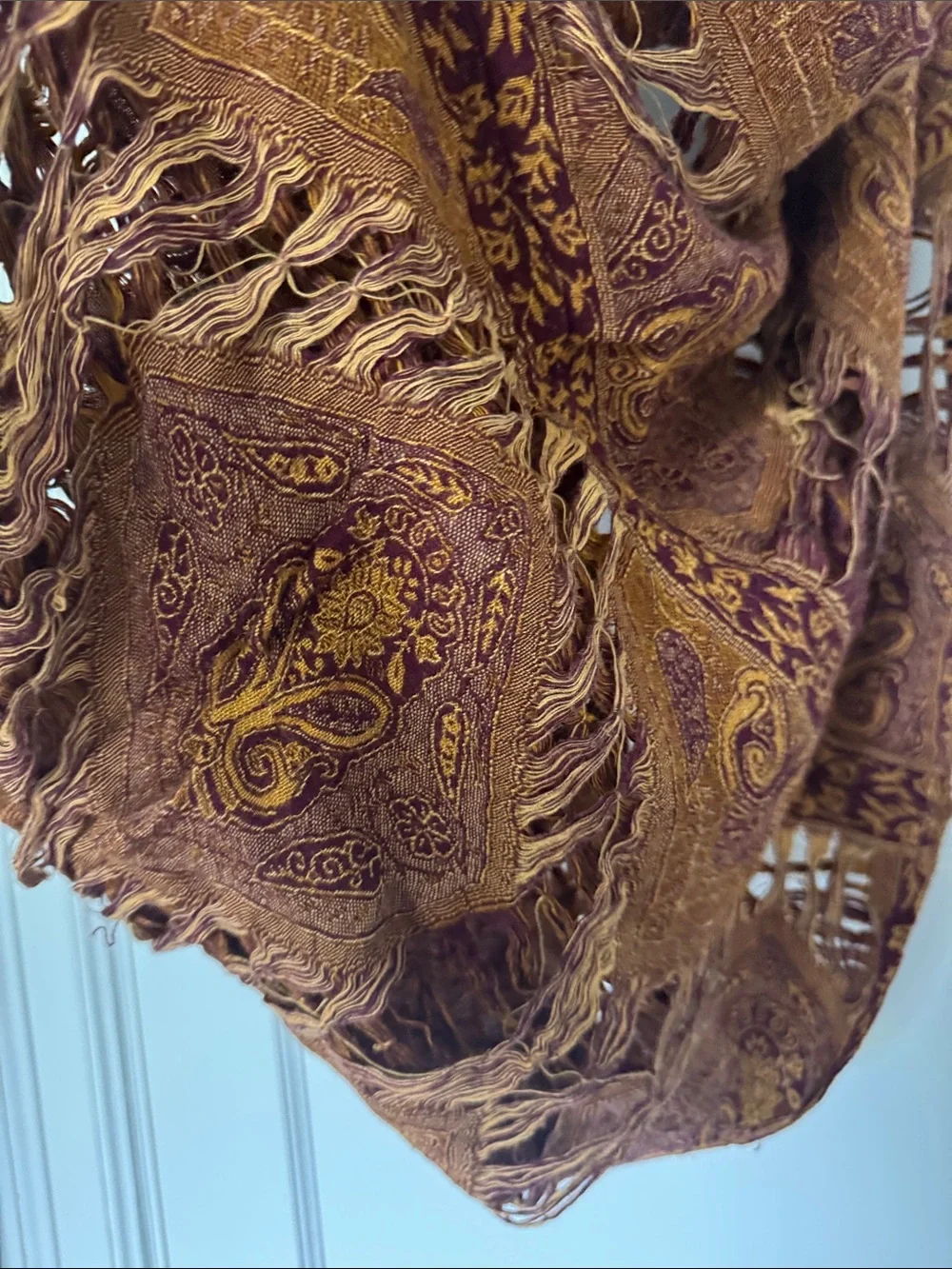 Boho Fringe Paisley Wrap Scarf in Rust and Mustard